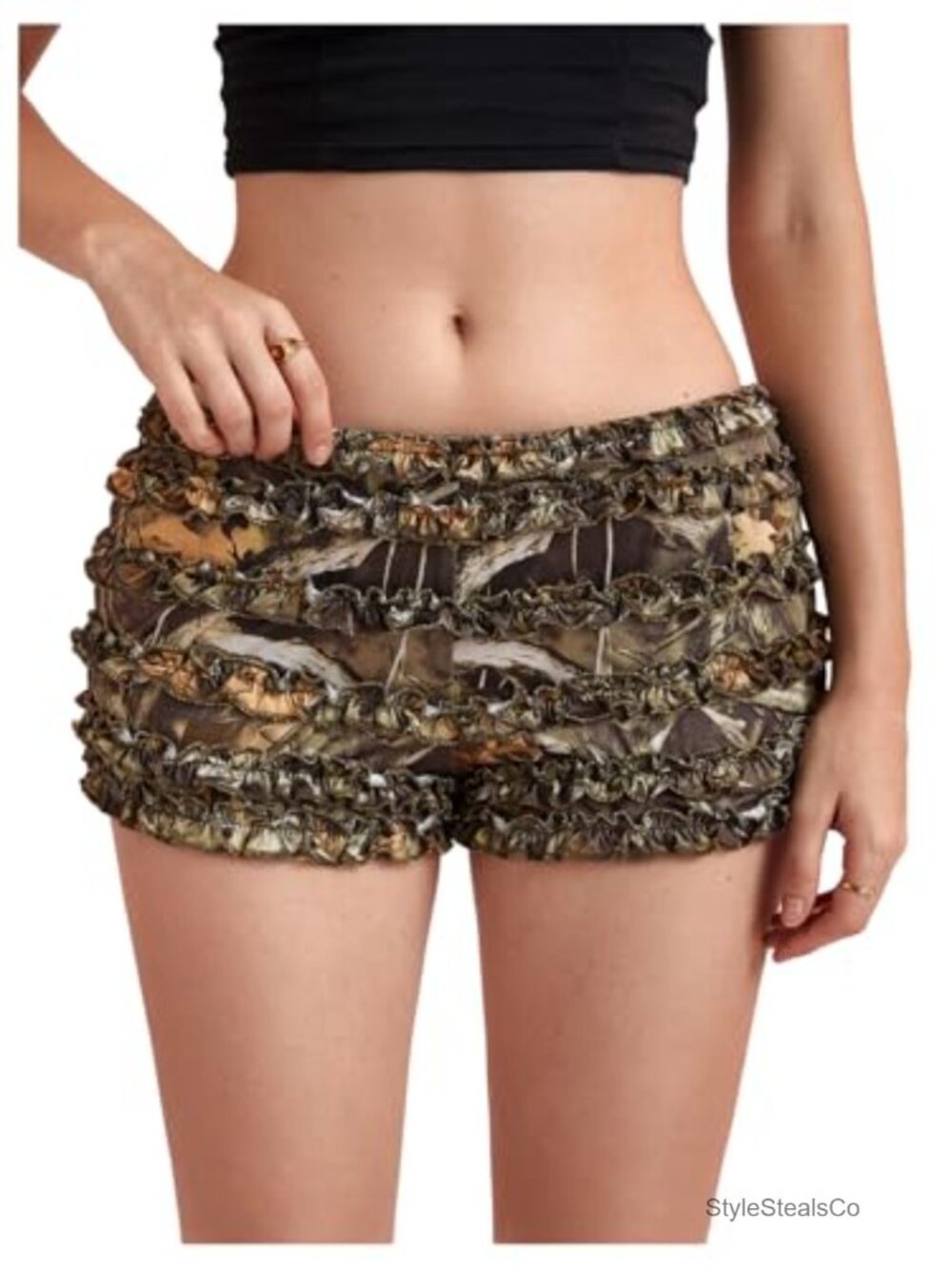 Camo Booty Shorts Low Waist Layered Ruffle Micro Mini Y2K Rave